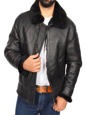 Men Black Shearling Flying Leather Aviator Jacket