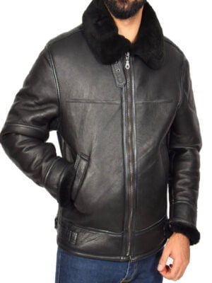 Men Black Shearling Flying Leather Aviator Jacket