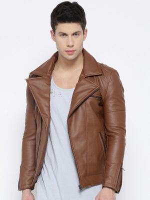 Men Brown Pu Biker Jacket