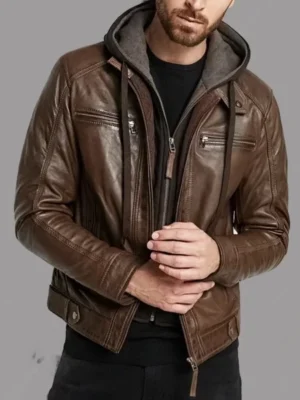 Mens Brown Leather Hooded Jacket