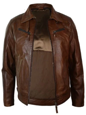 Mens Distressed Leather Jacket Belted Brown Fur Collar