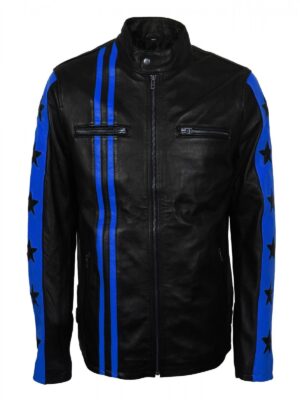 Men Blue Stripes Biker Jacket