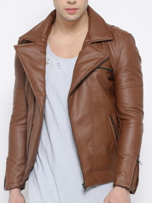 Brown Faux Leather Biker Jacket for Mens