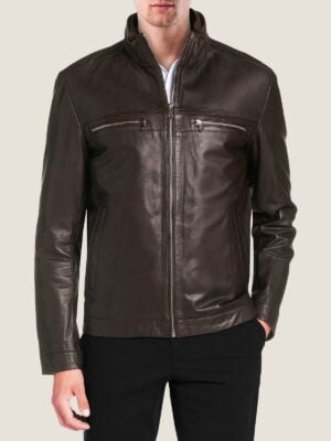 Men Lambskin Leather Bomber Jacket Dark Brown