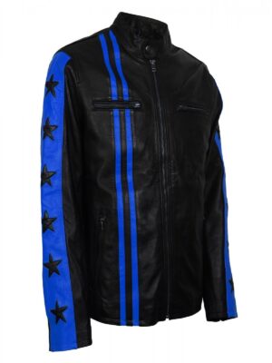 Men Leather Motorcycle Jacket With Blue Stripes