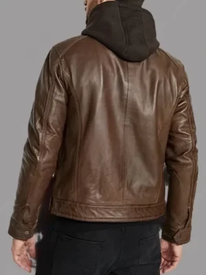 Brown Leather Hooded Jacket For Mens