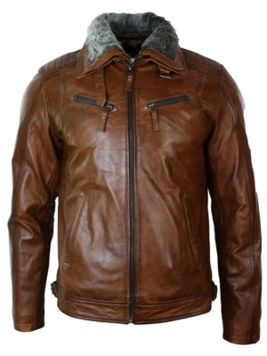 Mens Distressed Leather Jacket Belted Brown Fur Collar