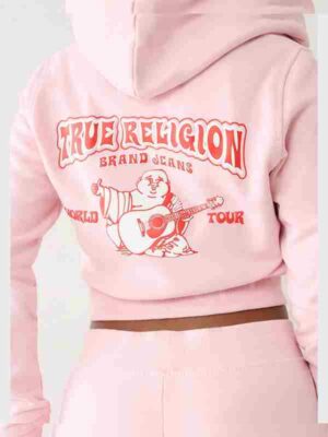 True Religion Women Big T Logo Cropped Pink Hoodie