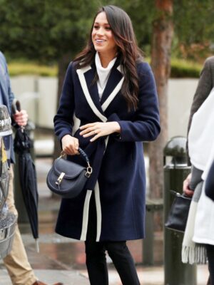 Meghan Markle Navy And White Piped Wool Wrap Coat