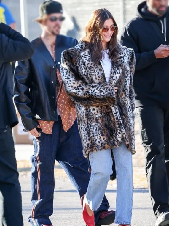 Hailey Bieber Super Bowl 2024 Leopard Print Fur Coat