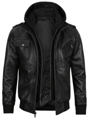 Mens Black Leather Hooded Jacket