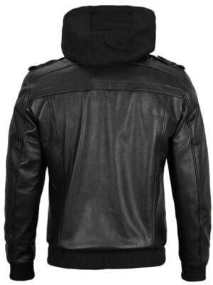 Mens Black Leather Jacket with Removable Hood