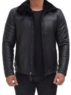 Mens Black Shearling Leather Bomber Jacket