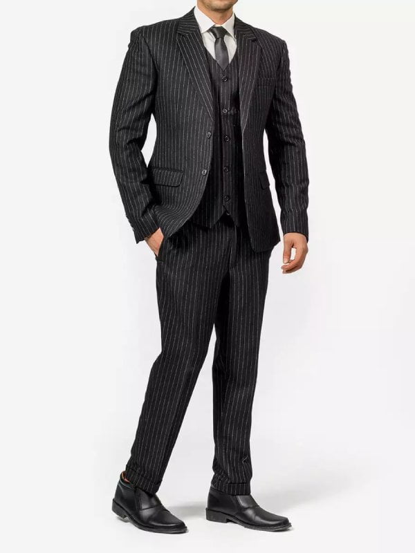 Three Piece Mens Black Pinstripe Suit - The California Jackets