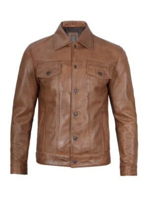 Men's Camel Brown Trucker Leather Button-Up Jacket