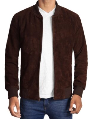 Mens Dark Brown Suede Leather Bomber Jacket