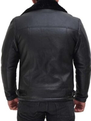 Mens Black Shearling Leather Bomber Jacket