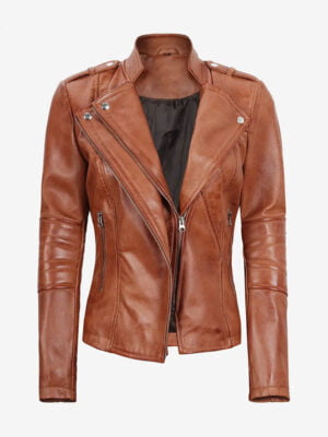 Womens Tan Leather Biker Jacket