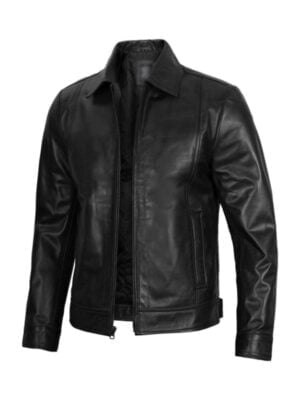 Men's Vintage Black Leather Jacket With Shirt Collar