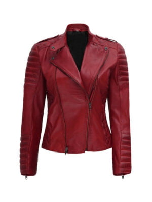 Womens Biker Asymmetrical Maroon Leather Jacket