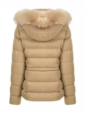 Womens Brown Puffer Jacket With Fur Trim Hood