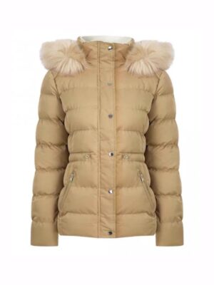 Womens Brown Puffer Trim Fur Hooded Jacket