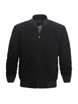 Mens Suede Leather Bomber Jacket - Black