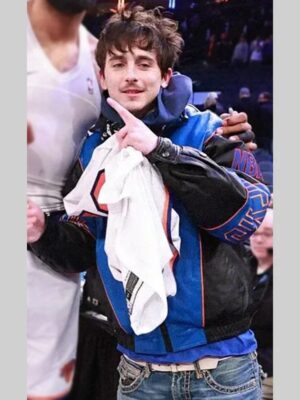 Timothée Chalamet Knicks Black and Blue Leather Jacket